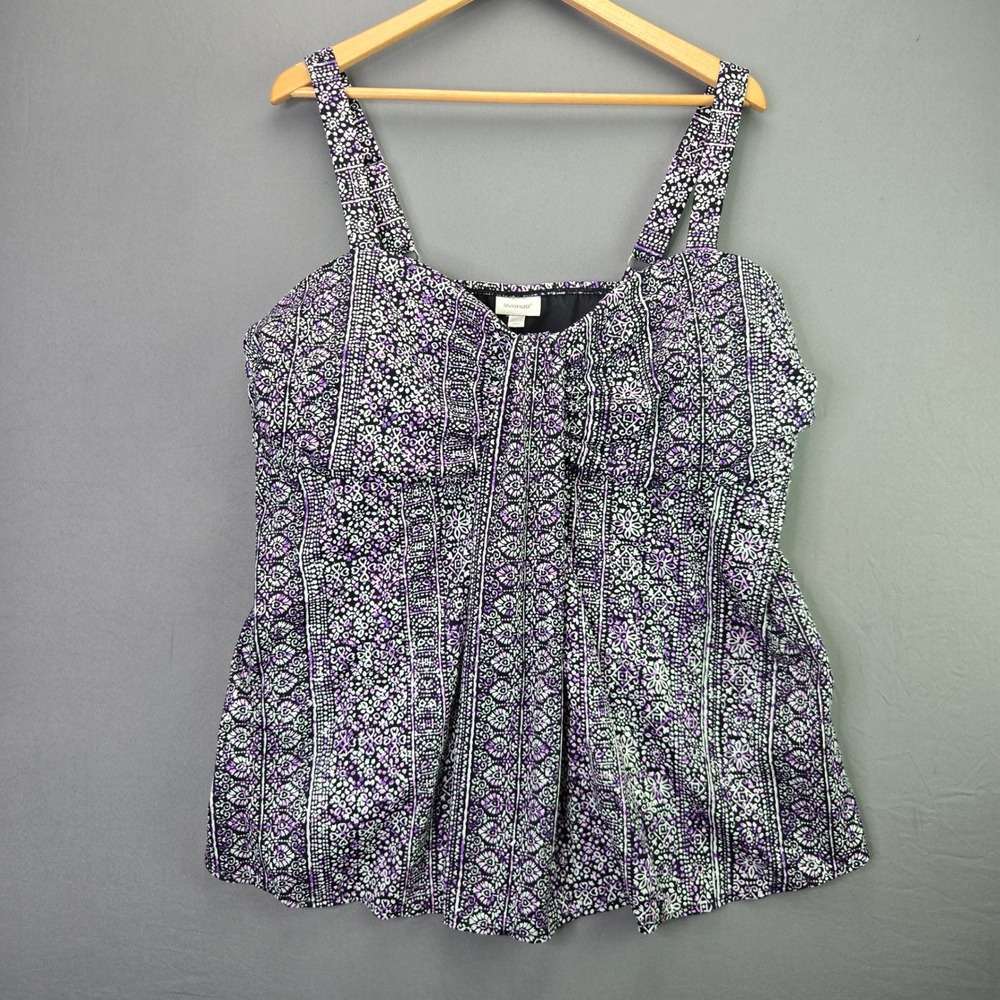 Avenue Tankini Swim Top 26W Purple Black Medallion Print Padded Strappy NWT